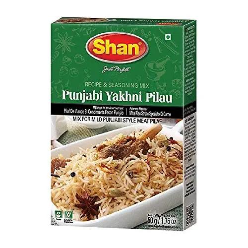 Shan Punjabi Yakhni Pilau Recipe and Seasoning Mix 1.76 oz (50g) - Spice Powder for Mild Punjabi Style Meat Pilaf - Suitable for Vegetarians - Airtight Bag in a Box by SHAN