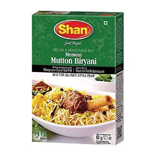 Shan Memoni Mutton Biryani Recipe and Seasoning Mix 2.11 oz (60g) - Spice Powder for Gujrati Style Pilaf - Suitable for Vegetarians - Airtight Bag in a Box by SHAN