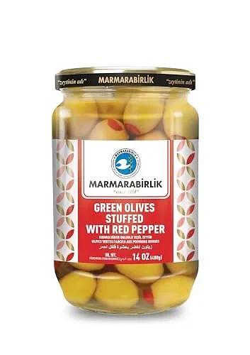 Marmarabirlik, Green Olives Stuffed with Red Pepper, Turkish Pitted Olive Canned, Perfect for Cocktails, Salads & Mezze, Organic Mediterranean Flavor, Kosher, Vegan, Halal, Large,14 Oz (400g by MARMARABIRLIK,