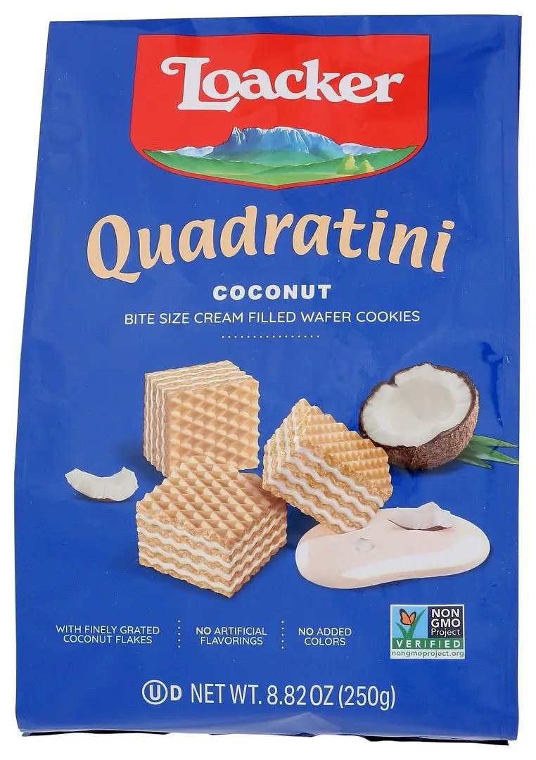 Loacker Quadratini Coconut Bite Size Cream Filled Wafer Cookies 8.82 Oz by LOACKER