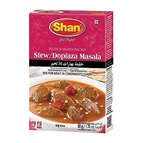 Shan Stew/Dopiaza Recipe and Seasoning Mix 1.76 oz (50g) - Spice Powder for Meat in Condiments Curry - Suitable for Vegetarians - Airtight Bag in a Box by SHAN