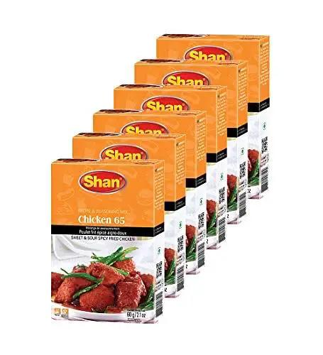 Shan Chicken 65 Recipe and Seasoning Mix 2.1 oz (60g) - Spice Powder for Sweet and Sour Spicy Fried Chicken - Suitable for Vegetarians - Airtight Bag in a Box (Pack of 6) by SHAN