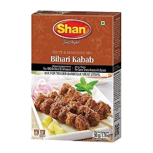 Shan Bihari Kabab Recipe and Seasoning Mix 1.76 oz (50g) - Spice Powder for Tender Barbecue Meat Strips - Suitable for Vegetarians - Airtight Bag in a Box by SHAN