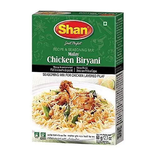 Shan Malay Chicken Biryani Recipe and Seasoning Mix 2.11 oz (60g) - Spice Powder for Chicken Layered Pilaf - Suitable for Vegetarians - Airtight Bag in a Box by SHAN