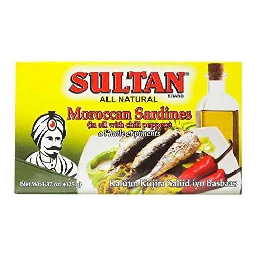 Sultan Moroccan Season Sardines in Oil with Chili Peppers, 100% All-Natural, High Protein, No Additives, No Preservatives, Paleo, Carnivore, Keto Friendly, Zero Carb, 4.37oz by SULTAN
