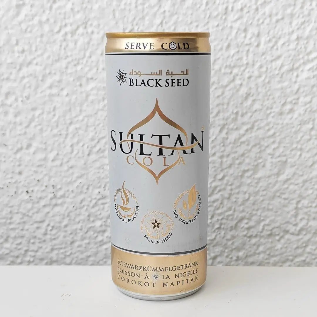 Empty 2019 Sultan Cola Drink can; 250 ml/8.45 fl oz BOTTOM opened (Austria) by EMPTY