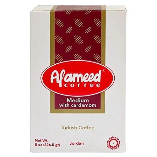 Al Ameed Gourmet Turkish Ground Coffee (8 OZ/226.5g) Medium Roast with Cardamom, 100% Authentic Arabica, Fresh & Finely Ground by AL