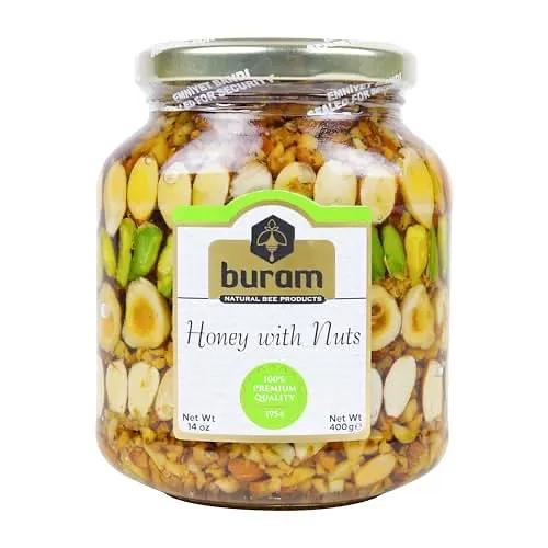 Buram Honey with Nuts 14 oz - Healthy Protein Snacks - Peanuts, Walnuts, Pistachios, Hazelnuts - Resealable Jar - High Protein Gourmet Snack by BURAM